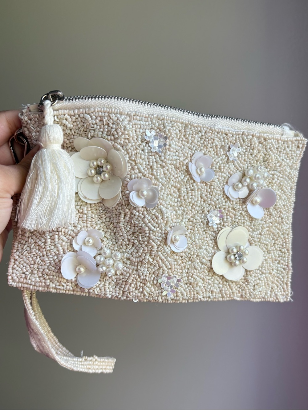 Sol de Mer Ivory Beaded Floral Wristlet Clutch Pearl Sequin Evening Bag Bridal